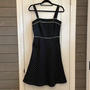 🎉Ann Taylor Loft Black/White Pinstripe Linen Blend Fit & Flare Dress 2 NWOT